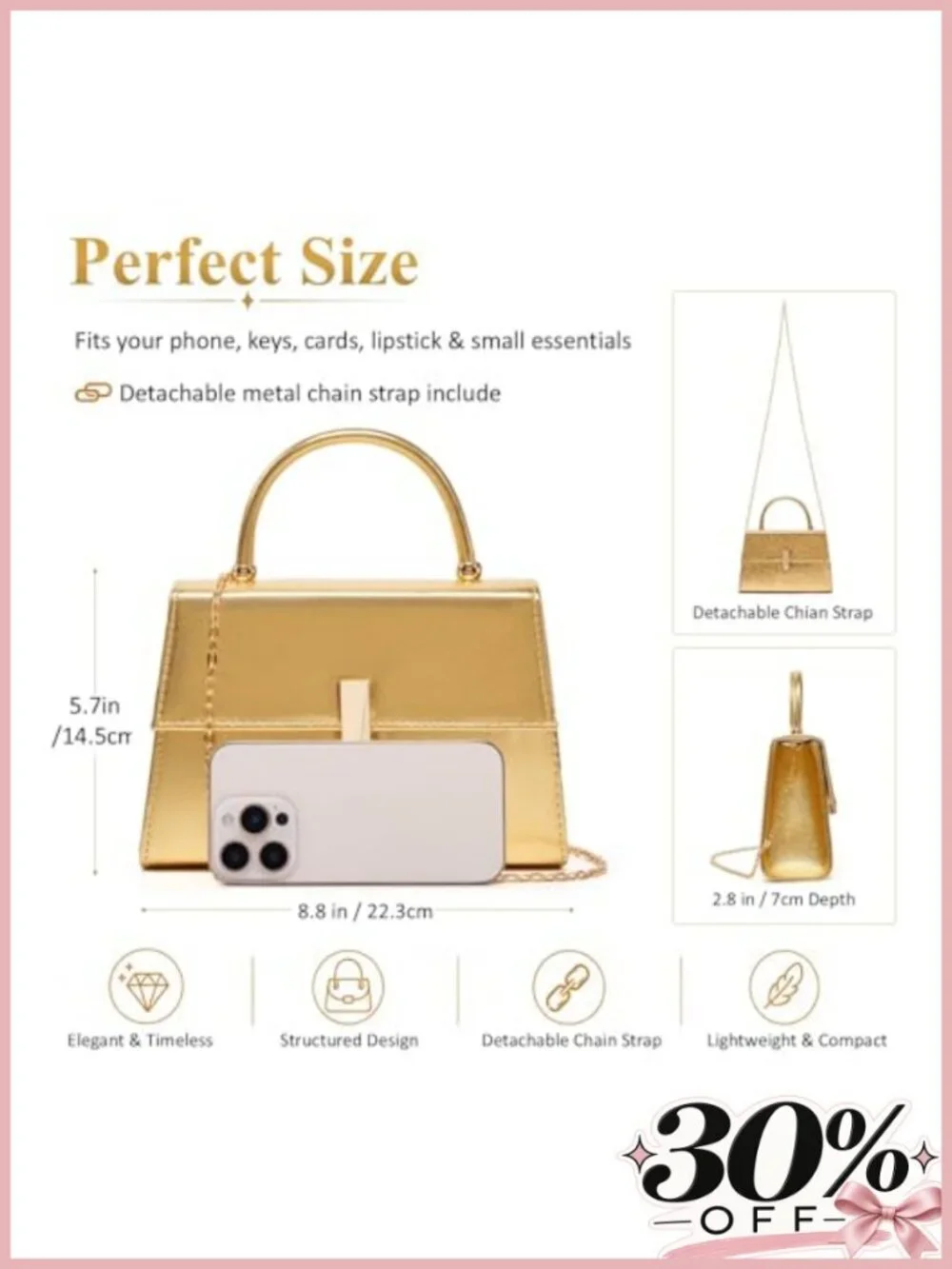 PU Leather Evening Clutch Top Handle Purse with Gold Metal Clasp Detachable